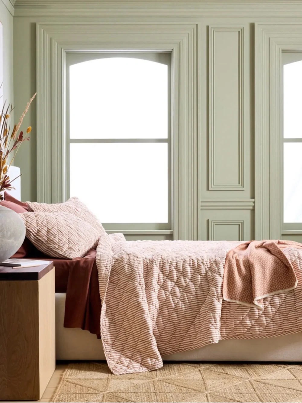 Quince European Linen Striped Quilt in Latte and white King Size
